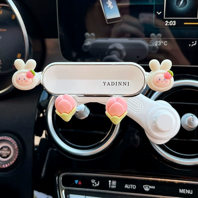New Cute Creative Interior Car – Car phone holder - rabbit-ears-strawberry-white-bright-bracket-extended-support-bar