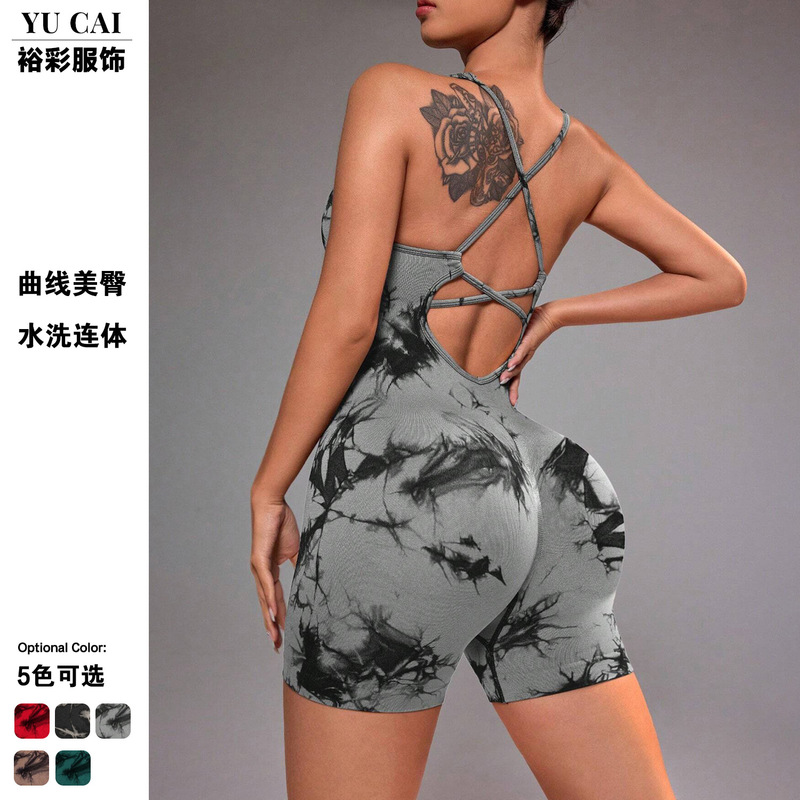 European and American 2024 Tie-Dye Siamese Yoga Suit No Embarrassment Line Sling Dance Fitness Sports Siamese Tight Clothes Women