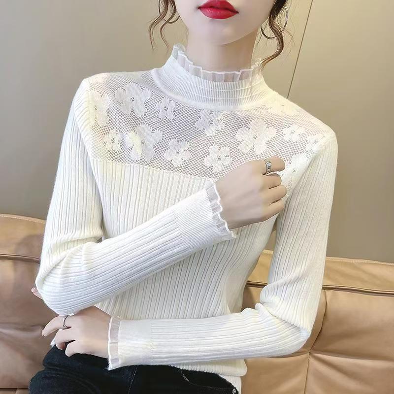 春秋打底衫女2025新款洋蕾丝毛衣针织衫洋气百搭长袖套头上衣纯色|undefined