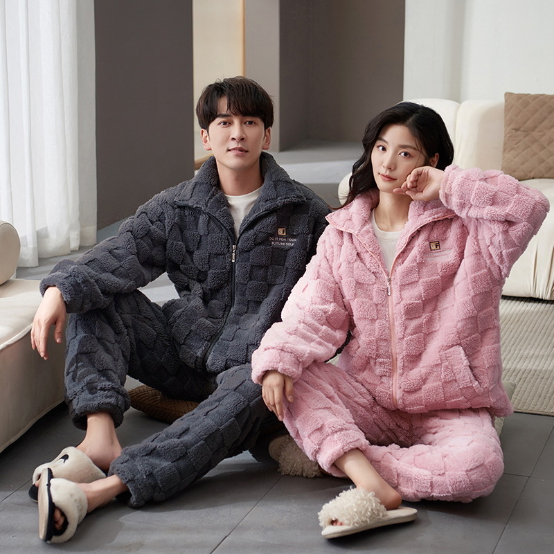 Pijamas para Pareja Otoño-Invierno 2025, Nuevo Conjunto de Ropa de Dormir Informal para Hombre y Mujer, de Terciopelo Coral con Cierre y Forro Polar Grueso