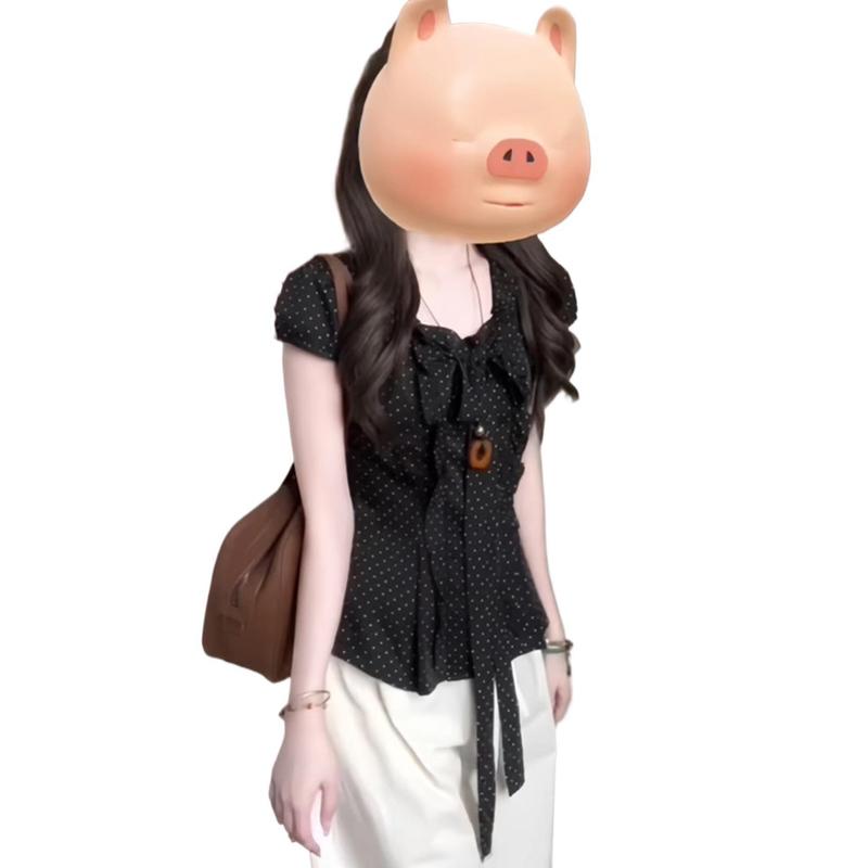 韩系波点蝴蝶结短袖衬衫女夏季设计感小众褶皱收腰修身甜辣妹上衣|undefined