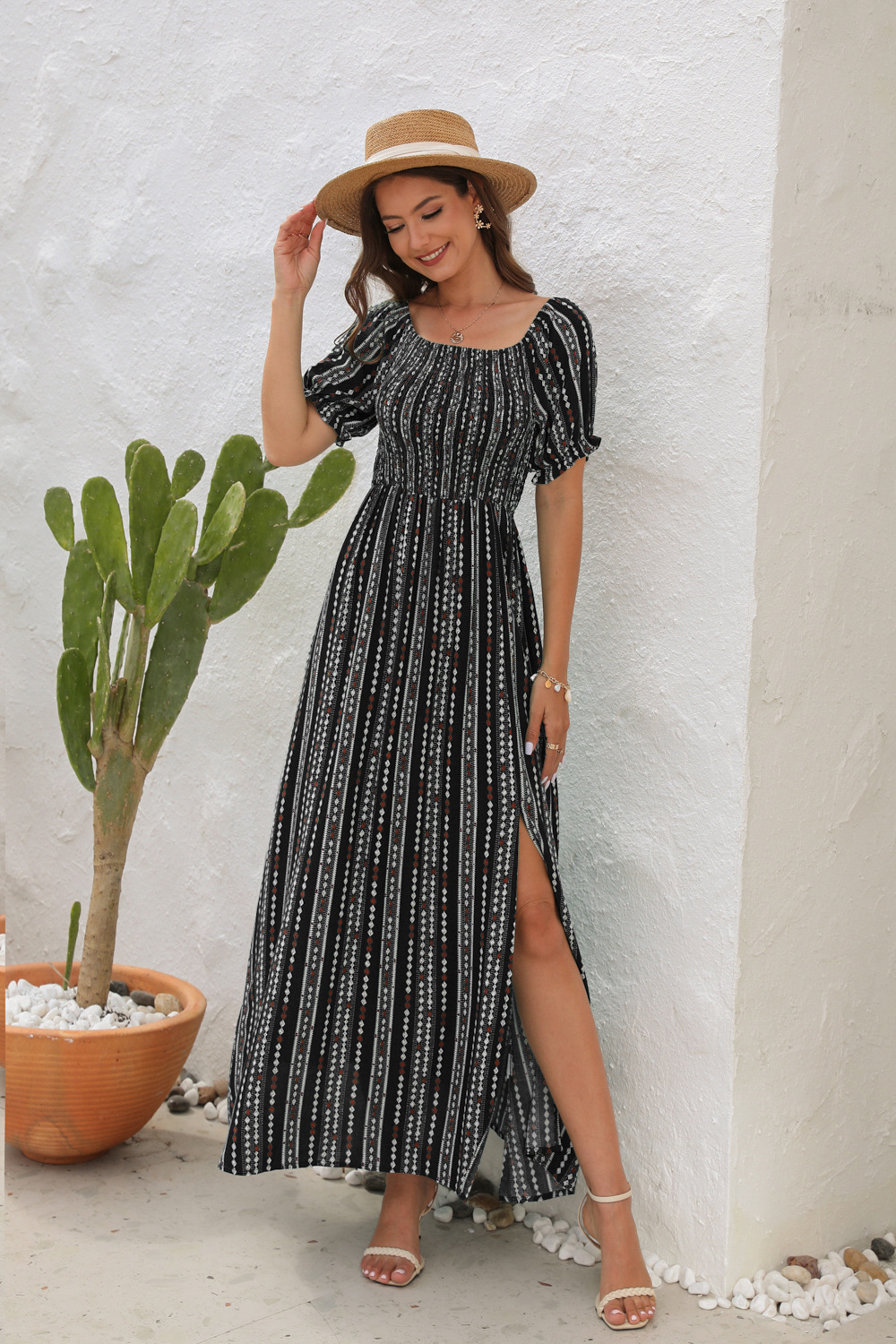 Spring Summer Vertical Stripes Floral Print Slit Waist Dress - Ootddress