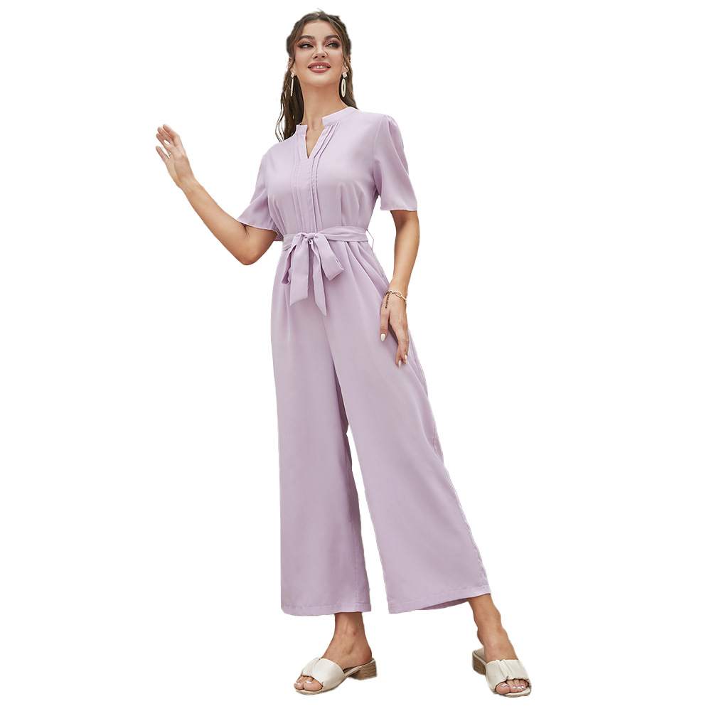 Mono ZTY-57, éxito de ventas en Amazon, comercio electrónico transfronterizo, cuello de solapa, manga corta, pantalones anchos de cintura alta, mono moderno image 8