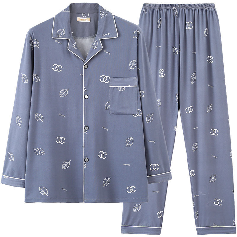 Pijamas pantalones de manga larga para hombre primavera y otoño verano más tamaño % Algodón puro verde de mediana edad cardigan homewear traje de dos piezas