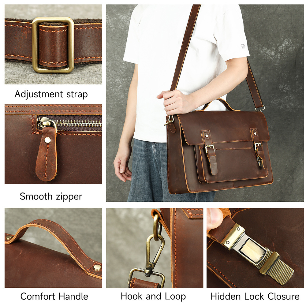 Túi da thật satchel nam phong cách retro, đựng tài liệu dung tích lớn, vừa laptop 15 inch — Cà phê (cỡ nhỏ)