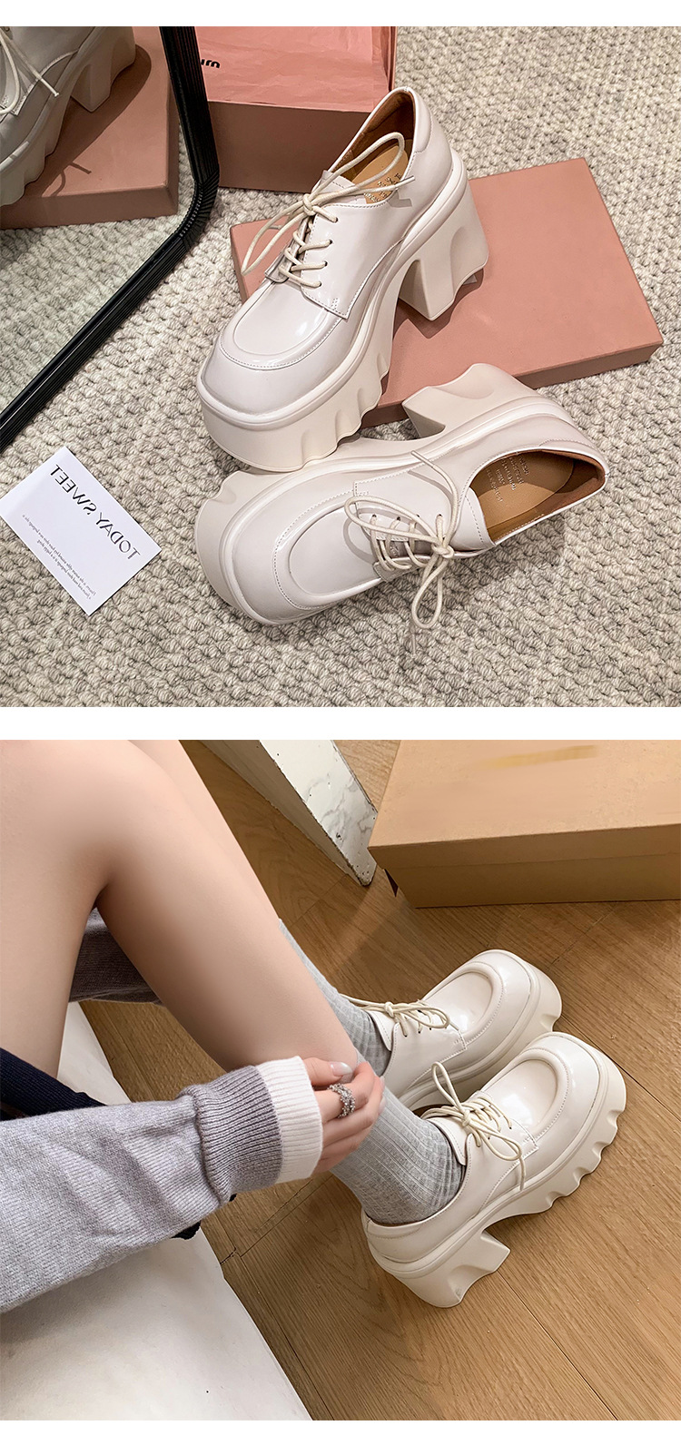 Giày loafer nữ đế xuồng platform gót vuông dây buộc da thật — màu đen, màu trắng ngà chi tiết 8