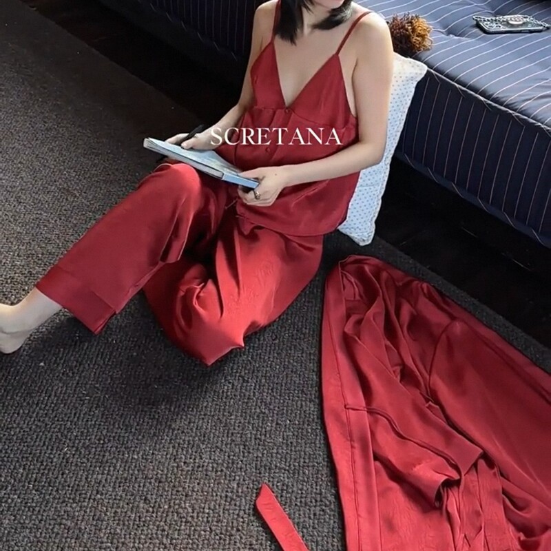 2025 New Early Autumn Pajamas Women's Suspender Trousers Robe French Sexy Wearable Home Clothes Set