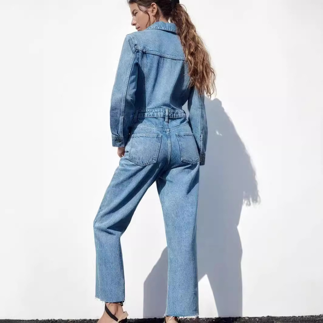 Women's Clothing Spring and Autumn New Women's Suit Collar Pocket Decoration Waist Straight Denim Jumpsuit Trousers_voghion.com