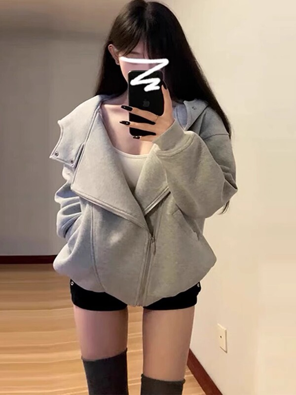 灰色连帽卫衣设计感开春外套2025新款春秋韩系慵懒风宽松休闲上衣|undefined