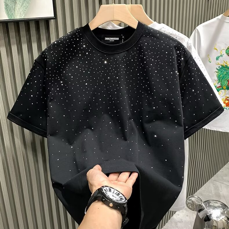 Light cooked wind starry sky short sleeve starry rhinestone loose slightly fashionable T-shirt Tee men's top T-shirt 2024