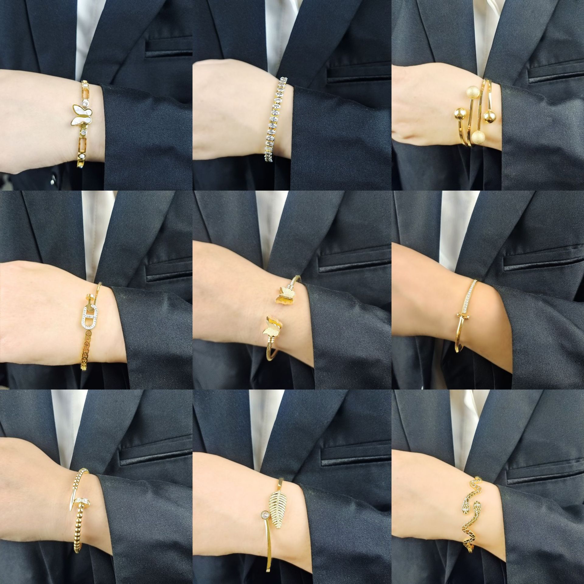 Simple Style Leaf Snake Butterfly Stainless Steel Plating Shell Zircon Bangle 1 Piece