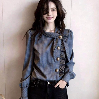 2026春季新款绝美漂亮感轻奢减龄洋气格纹蝴蝶结衬衫上衣默认项无