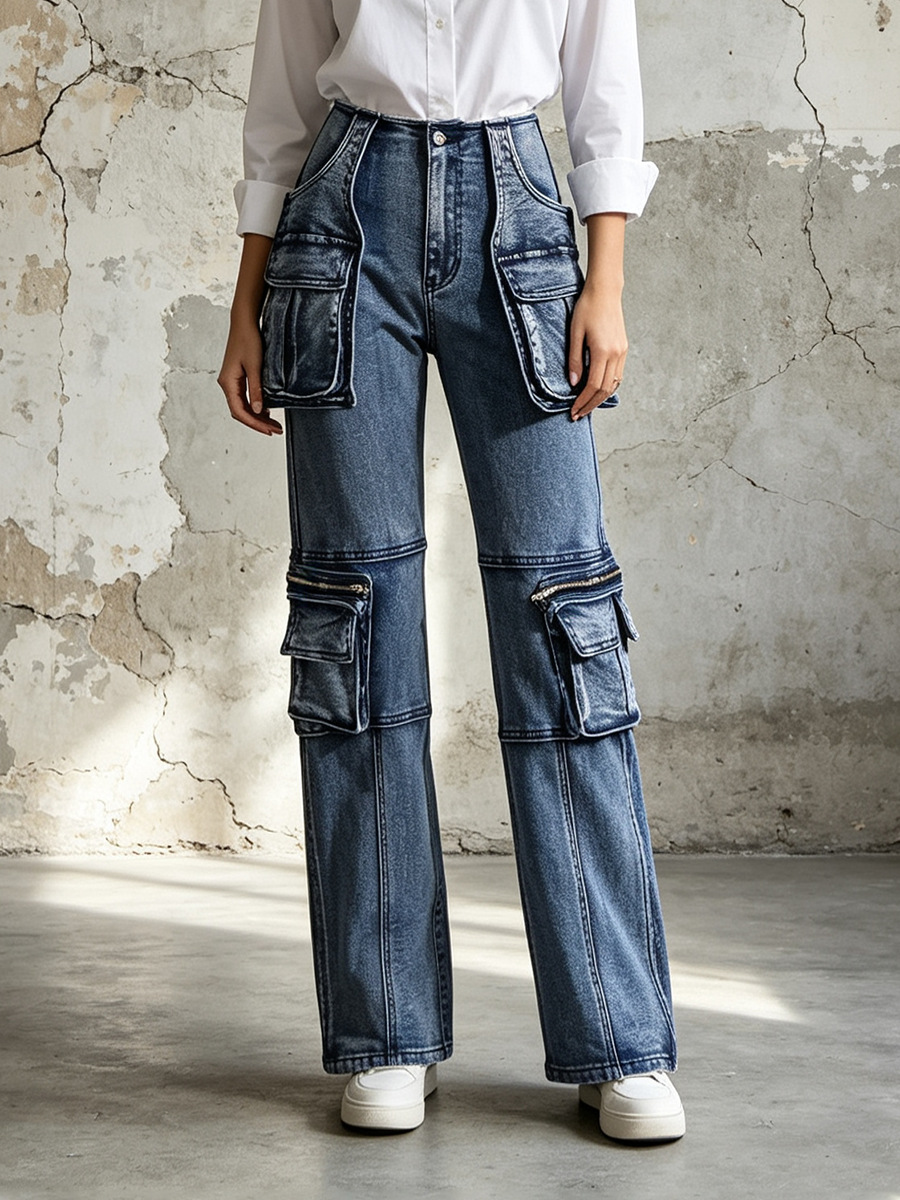 Jeans de Pierna Recta para Mujer, Diseño Primavera 2026, con Bolsillos Grandes y Parches, Pantalones Largos Ajustados, para Comercio Exterior Transfronterizo