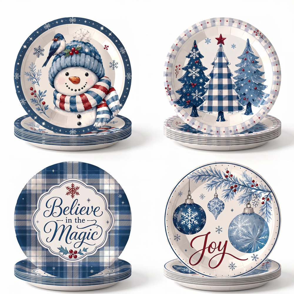 Blue and white checkered ice and snow Christmas paper plates, Believe in the Magic, winter-themed festive dessert plates
