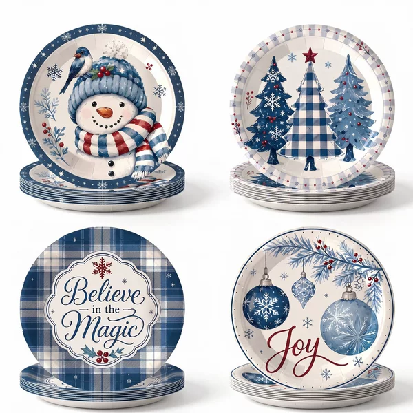 Blue and white checkered ice and snow Christmas paper plates, Believe in the Magic, winter-themed festive dessert plates