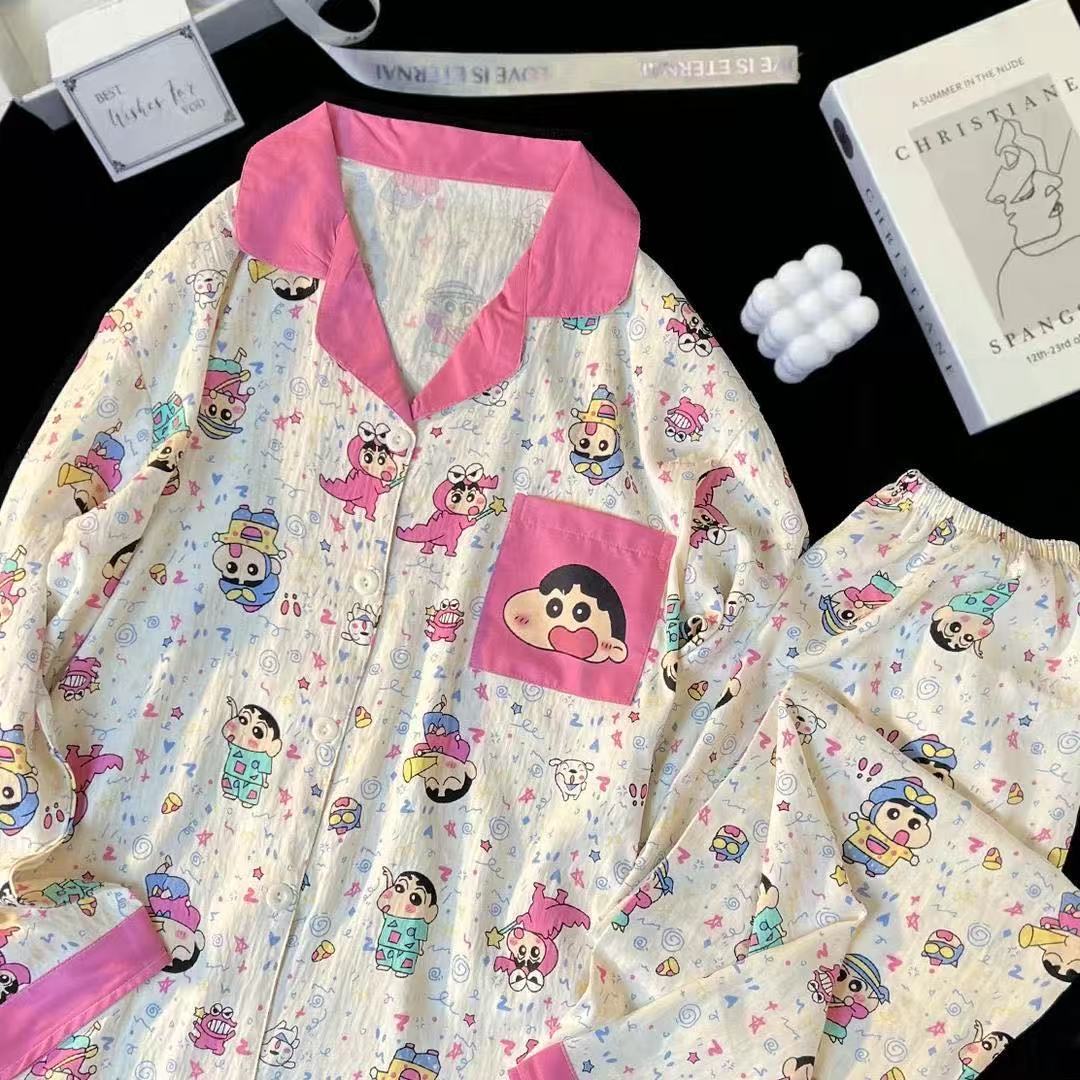 Al por mayor transfronterizo cien pijamas de verano mujeres 2025 nuevas nubes de algodón pantalones de manga larga dibujos animados lindos ropa para el hogar