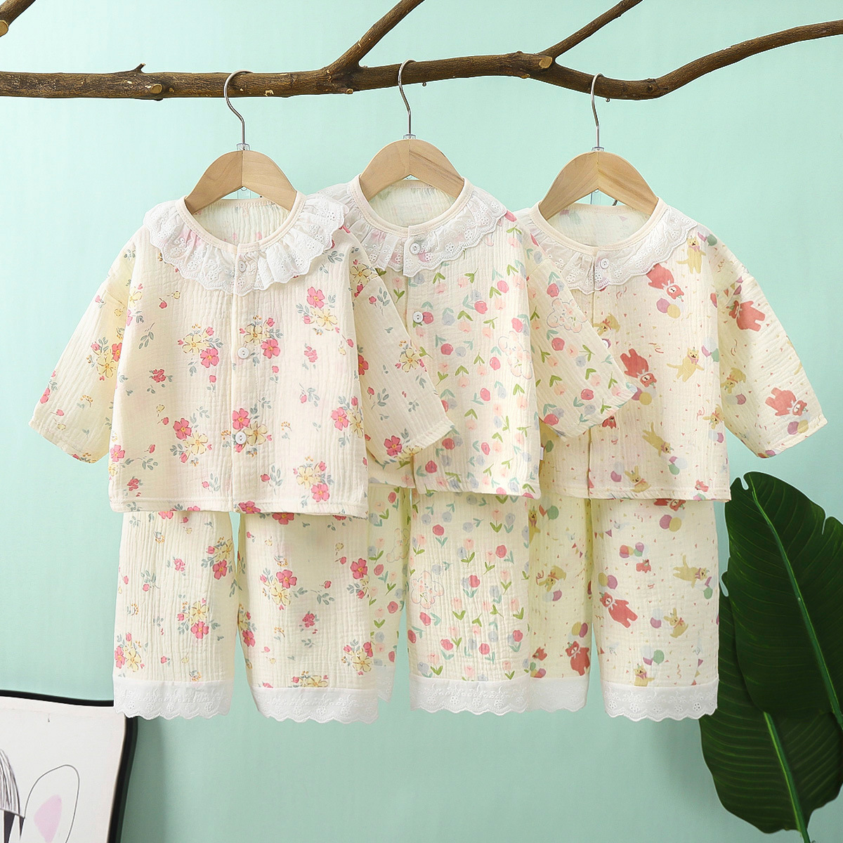 100% Pure Cotton Home Clothes New Kidsren's Eight-Quarter Sleeve Double-Layer Cotton Gauze Suit Spring and Summer Girls' Sweet Pajamas