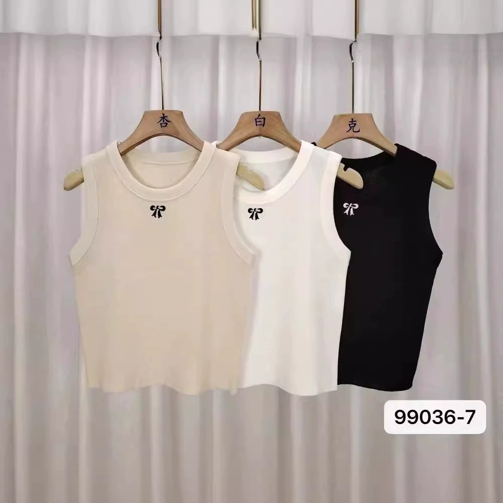 Short sleeveless summer vest, bow embroidery, fashionable cropped design, one size
