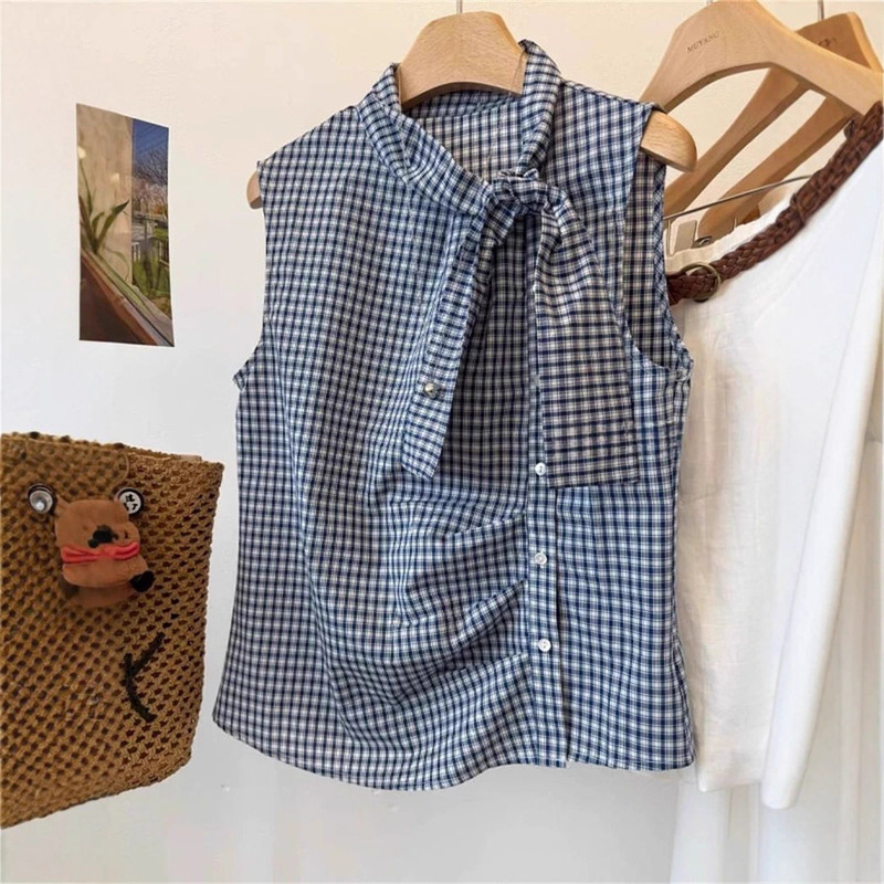 French-Style Bow Tie Sleeve Plaid Shirt for Women, 2026 New Summer Tea-Inspired Chic Blouse Top