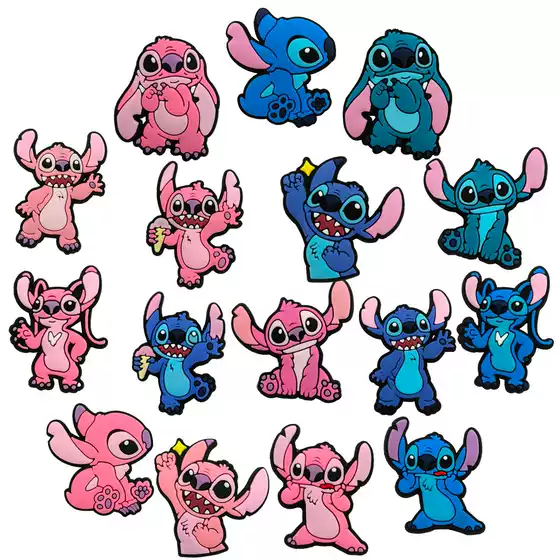 16 Piece Set Cute Cartoon Stitch Series Croc Charms Shoe Buckles DIY Soft Rubber Shoe Accessories