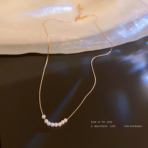 Korean simple pearl geometric necklace for women, thin chain, niche, light luxury clavicle chain, cold style, versatile necklace for women