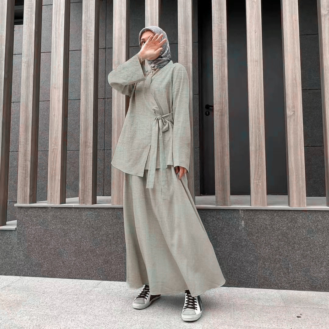Muslim Dress Women's Open-front Shirt Dress Plus-size Casual Set_voghion.com