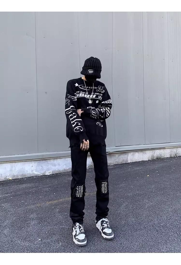 2025 Spring And Autumn Versatile Fashion Black Distressed Design Jeans Washed Wear-resistant Youth Long Pants Men's Cool_mkmklike.com