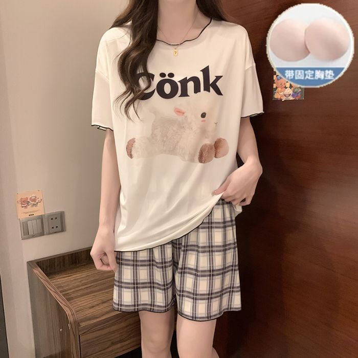 Comercio exterior transfronterizo al por mayor con almohadilla para el pecho hilo de seda de hielo pijamas de cuello redondo mujeres verano casual pantalones cortos de manga corta ropa de casa de dibujos animados