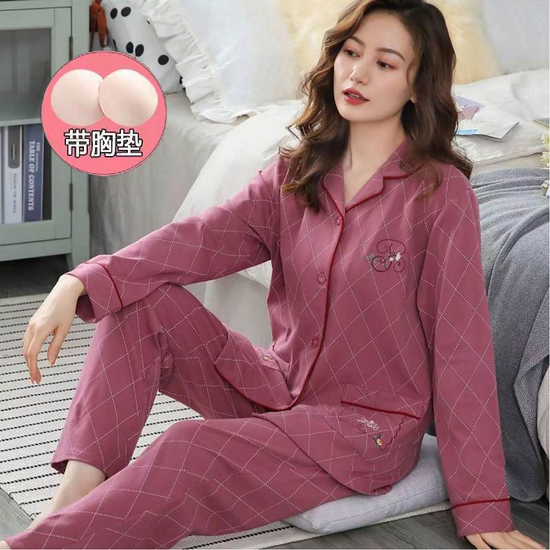 Otoño 100% pijamas de algodón puro para mujeres primavera y otoño con almohadilla en el pecho anti-Bump pantalones de manga larga ropa de abrigo de alta gama homewear