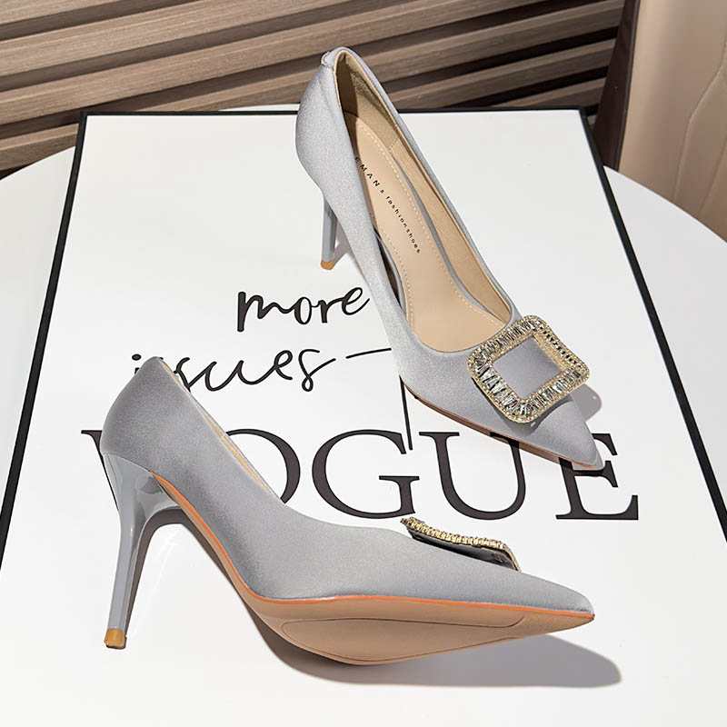 Light Blue Satin Dress-Style Cheongsam High Heels for Petite Women, Pointed Toe, Thin Heel, Comfortable, 2026 New Summer Model