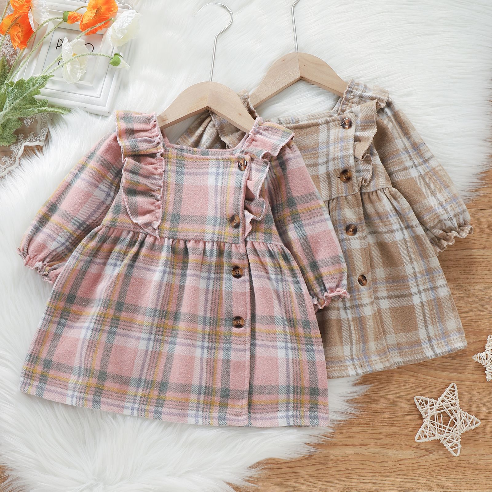 Princess Plaid Button 100% Cotton Girls Dresses display picture 1