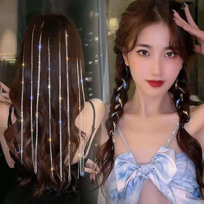 Женская заколка для волос с блестящей бриллиантовой цепочкой в ​​стиле Ли Инь, плетеная цепочка для волос со стразами и кисточками, заколка для волос с зажимом для интернет-знаменитостей, аксессуар для волос с веревкой для дредов.