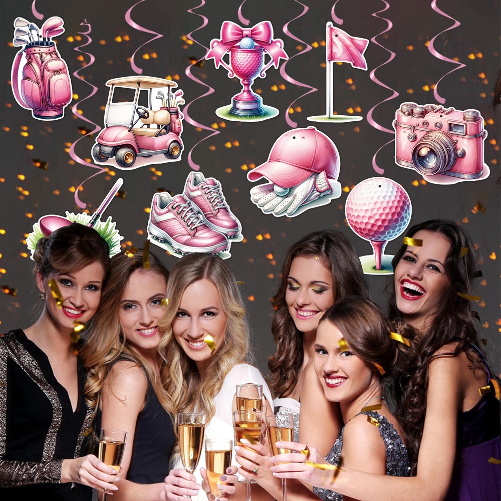 Nuevo tema de golf transfronterizo colgante espiral fiesta de cumpleaños al aire libre colgante de techo de golf rosa