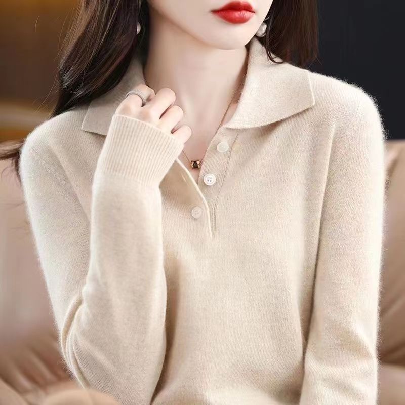 【 Cashmere Family】 Maglione corto in lana con collo polo, stile femminile, con strato interno lavorato a maglia, autunno/inverno_voghion.com