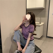 夏季韩版复古撞色方领拼色短袖chic法式冰丝针织衫女修身T恤上衣