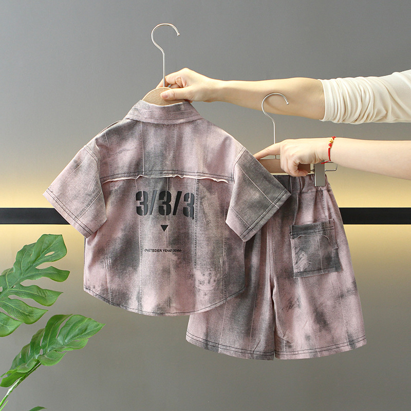 7912 traje de teñido anudado de verano para niños 2025 nueva camisa de estilo occidental para niños bebé verano versión coreana de dos piezas de moda