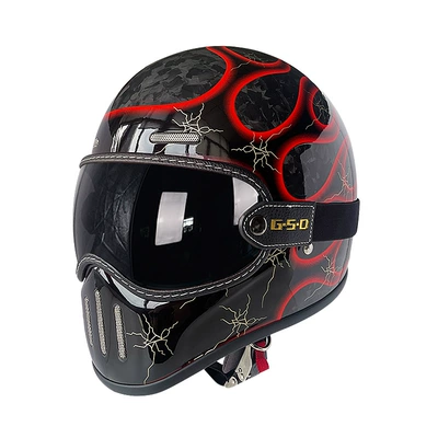 Foreign Trade Export Carbon Fiber Retro, Motosiklet kaskı (dəbilqə) - red-flame-black-tea-mirror-m55-56