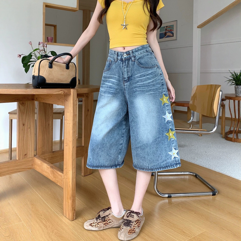 American-Style Star Embroidery 7/8 Length Jeans for Women, Summer Casual Loose Fit, Slimming Wide-Leg Cropped Pants, Thin Summer Style American-Style Star Embroidery 7/8 Length Jeans for Women, Summer Casual Loose Fit, Slimming Wide-Leg Cropped Pants, Thin Summer Style