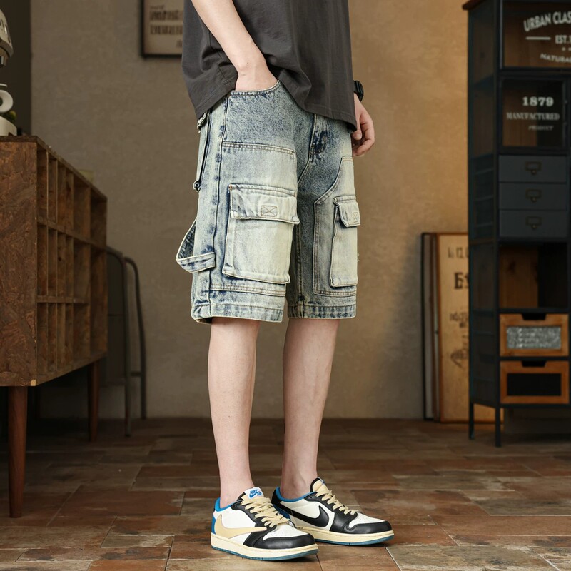 Workwear Ripped Denim Shorts for Men, Straight Loose Fit, Summer American Retro Style, Five-Sixths Length Pants, 2026 New Model
