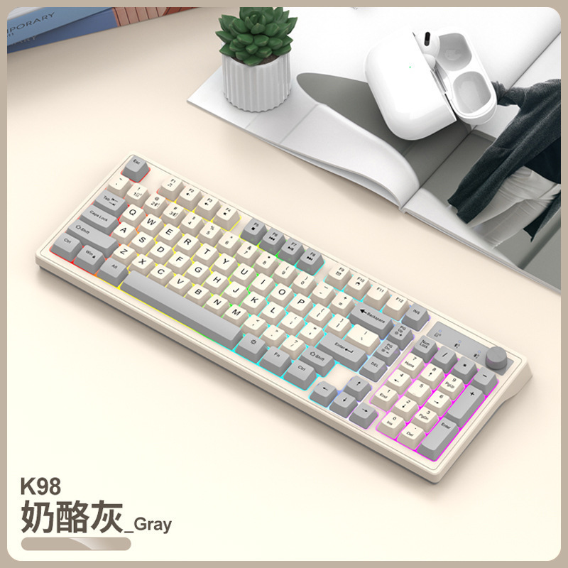 Cheese Gray K98 Wireless Dual-Mode Keyboard Color Matching Bluetooth 2.4g High Keycap Knob Tuning Fashion 100 Keys Cheese Gray K98 Wireless Dual-Mode Keyboard Color Matching Bluetooth 2.4g High Keycap Knob Tuning Fashion 100 Keys