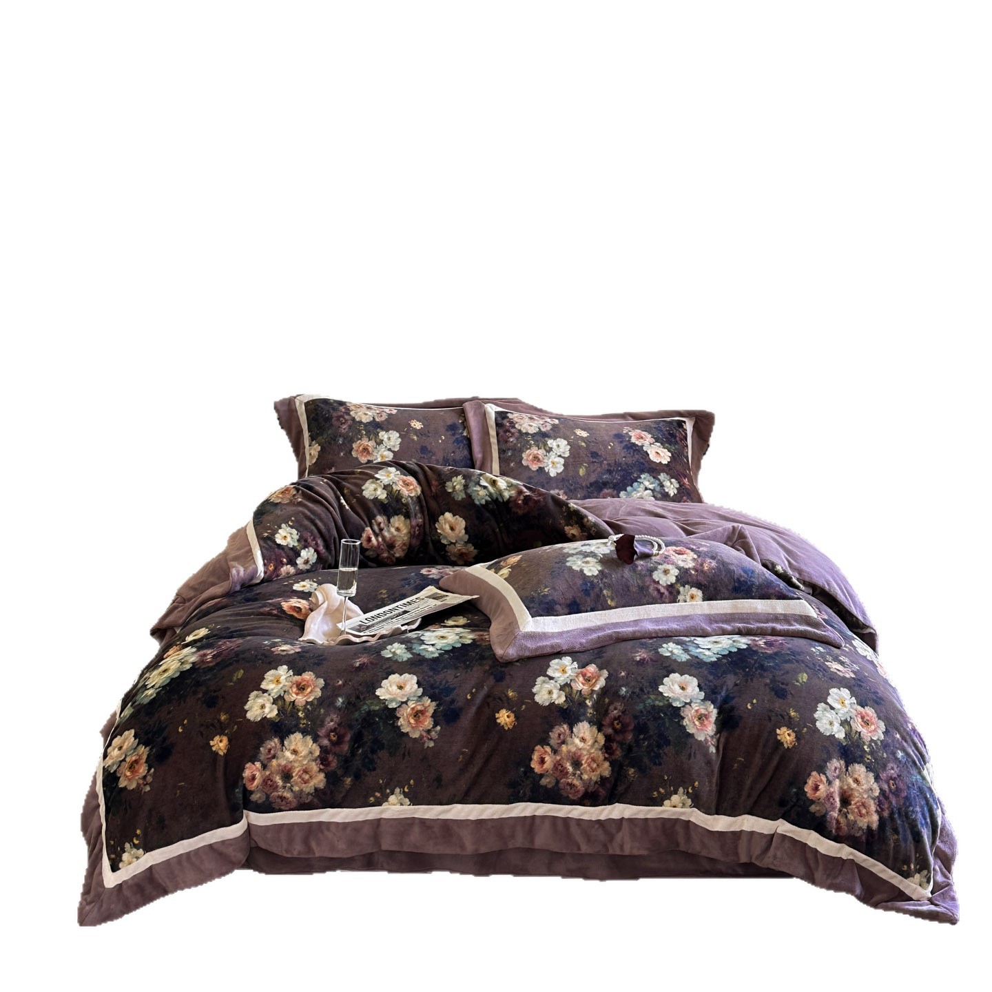 Noordse Franse Vintage Boho Franse Vintage Stijl Hoogwaardige Bedrukte Winter Melkfluwelen Vierdelige Set met Pluche Voering, Warme Dekbedovertrek en_voghion.com