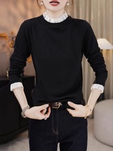 蕾丝花边拼接打底衫女秋季大码胖MM显气质设计感小众长袖T恤潮