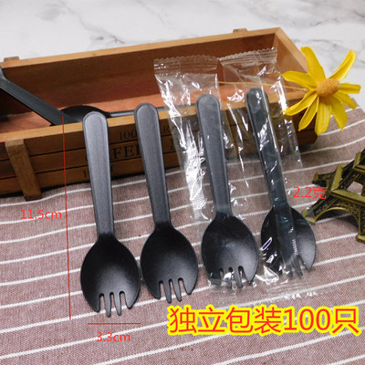 一次性叉勺塑料勺子 一体2.1克 勺叉果冻勺 独立包装100只磨砂叉|ru