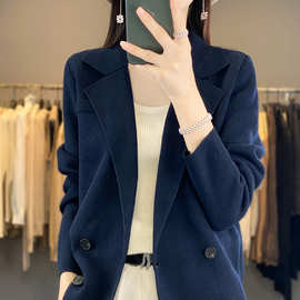 2024春季新款翻领针织开衫女韩版宽松百搭长袖上衣设计感羊毛外套