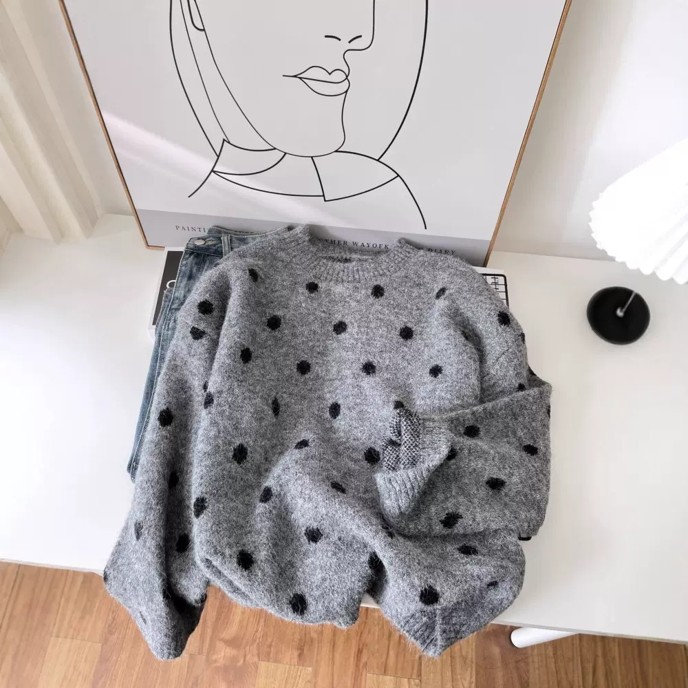 圆点毛衣女设计感小众2025秋冬季新款复古圆领套头宽松显瘦针织衫