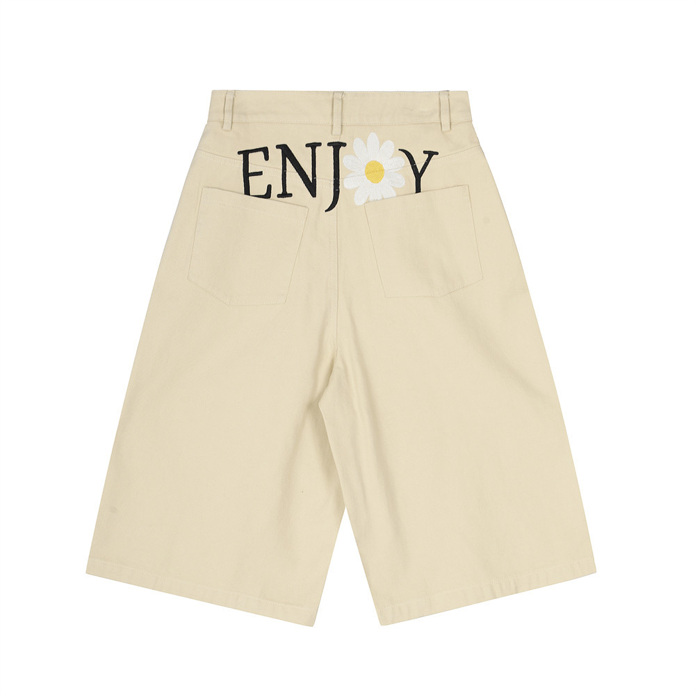 花朵字母刺绣阔腿牛仔短裤男士夏季vibe欧美街潮口袋设计宽松中裤