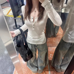 美式白色亨利U领正肩长袖t恤女秋季2025新款修身显瘦收腰辣妹上衣