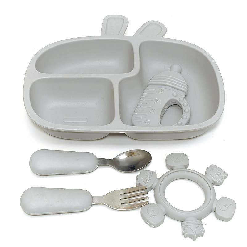 Rabbit Three-compartment Plate Baby Food Bowl Short Handle Soft Spoon Baby Special Rice Noodle Can be Steamed and Disinfected Sucker Plate