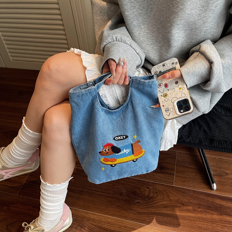 Japanese-Style Ball Chain Embroidered Dachshund Eco-Friendly Tote Denim Bag for Women 2025 New Shopping Bag Commuting