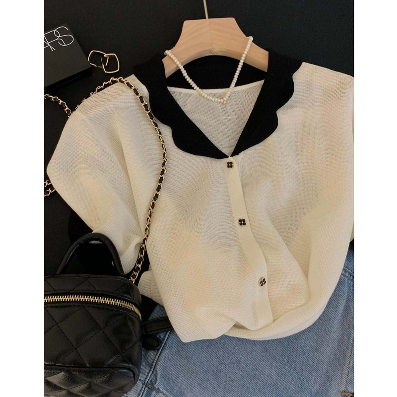French Doll Collar Short-Sleeved T-Shirt Polo Shirt for Women Summer Small Fragrant Ice Silk Knitted Cardigan Short Right Shoulder Top
